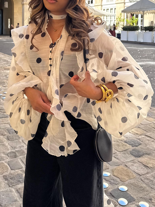 Long Sleeves Loose Buttoned Elasticity Polka-Dot Ruffle Trim See-Through V-Neck Blouses&Shirts Tops