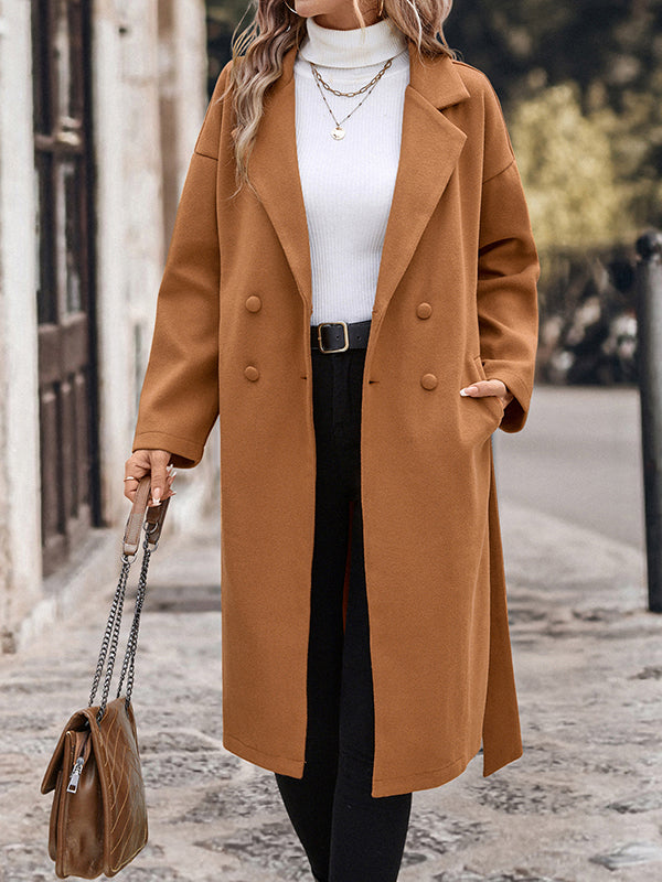 Long Sleeves Loose Buttoned Solid Color Split-Joint Tied Waist Notched Collar Woolen Coat