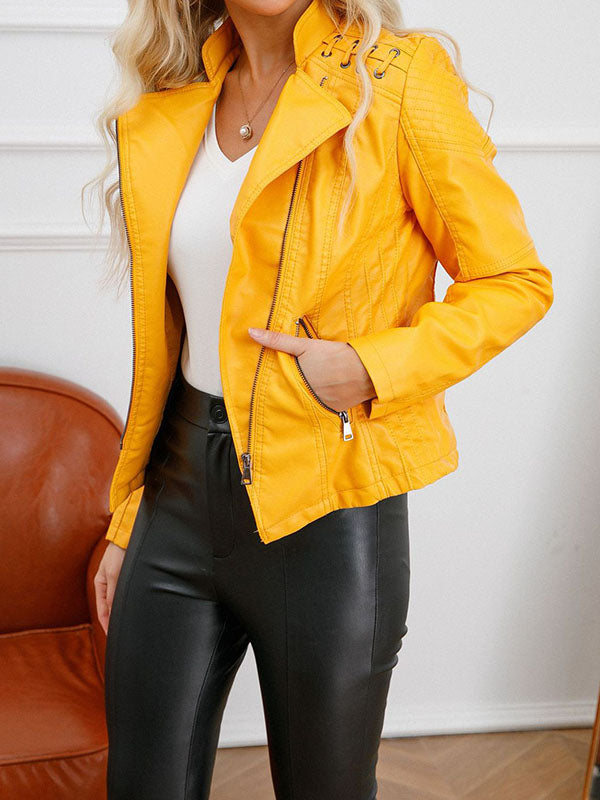 Long Sleeves Split-Joint Zipper Mock Neck PU Jackets Outerwear