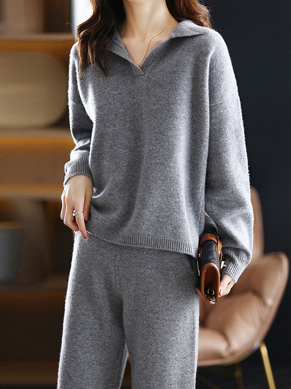 Solid Color Long Sleeves Loose Polo Sweater Top   Pants Bottom Two Pieces Set