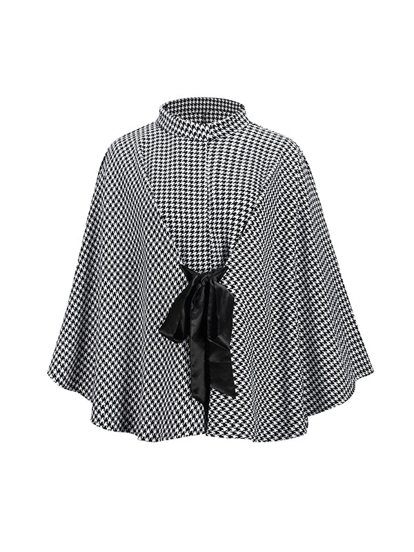 Batwing Sleeves Long Sleeves Houndstooth Tied Waist Stand Collar Cape Outerwear