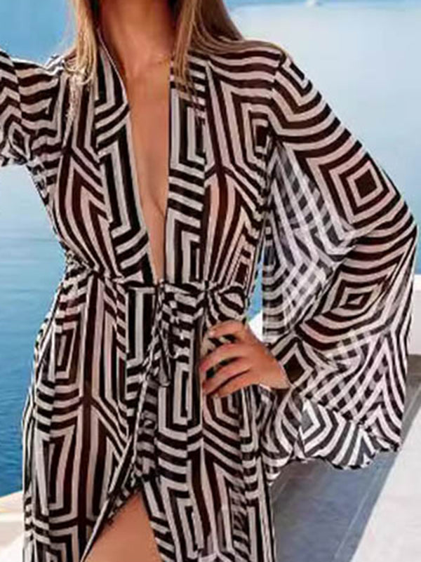 Flared Sleeves Loose Lace-Up See-Through Split-Joint Deep V-Neck Cover-Up