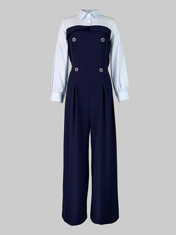 High Waisted Long Sleeves Buttoned Pleated Split-Joint Lapel Jumpsuits
