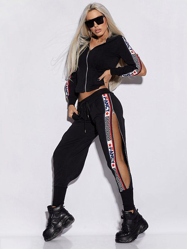 Long Sleeves Letter Print Split-Side Zipper Hooded Jackets+Pants Two Pieces Set