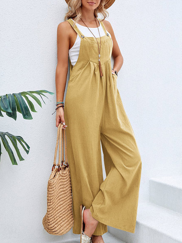 Loose Plus Size Pleated Split-Joint Square-Neck Overalls