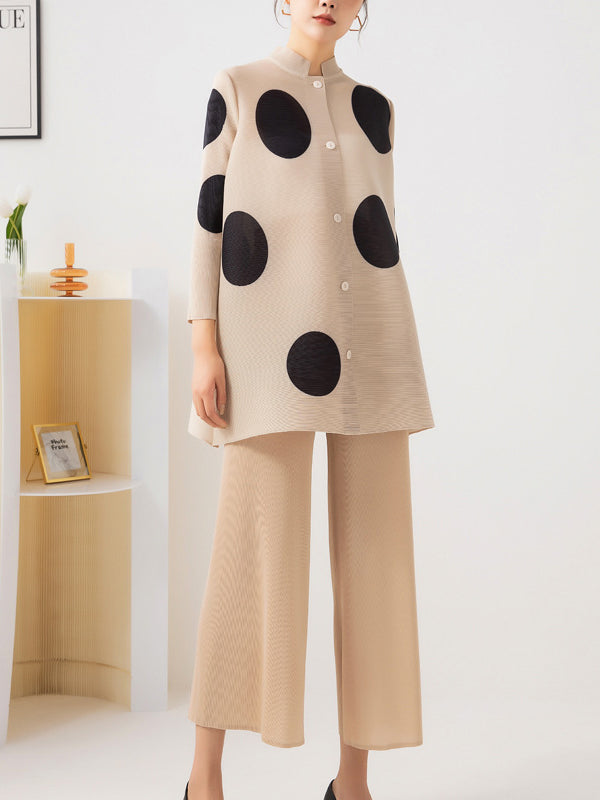 Long Sleeves Loose Pleated Polka Dot Stand Collar Top + Pants Bottomtwo Pieces Set