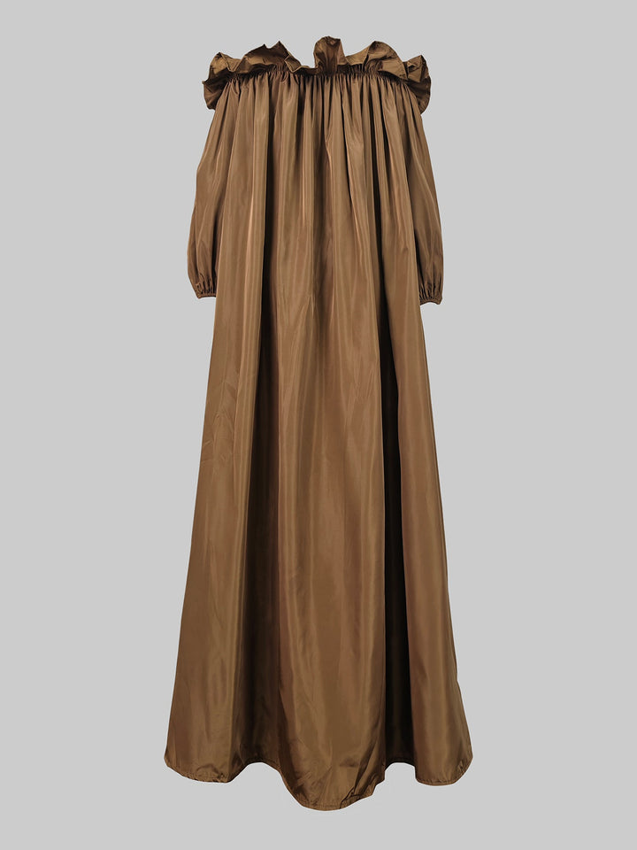 Loose Puff Sleeves Falbala Pleated Solid Color Off-The-Shoulder Maxi Dresses