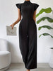 High Waisted Loose Pleated Ruffled Solid Color Mock Neck Jumpsuits