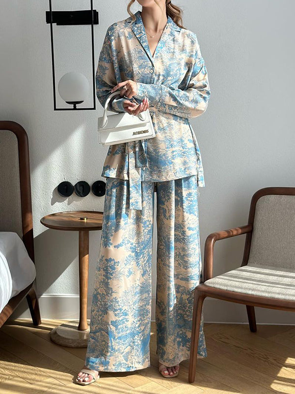 Long Sleeves Buttoned Printed Tied Waist Notched Collar Shirts Top + High Waisted Pants Bottom Two Pieces Set