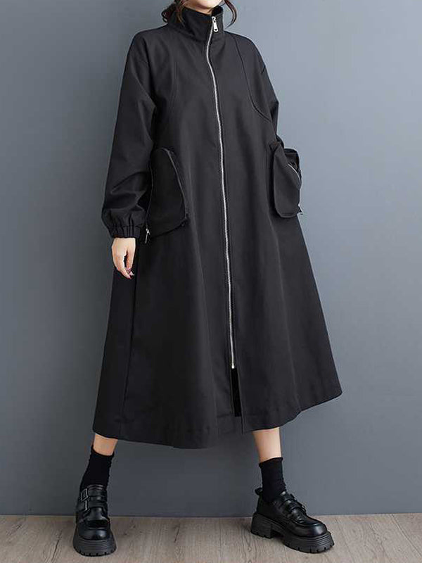 Long Sleeves Loose Elasticity Pockets Split-Joint Zipper High Neck Outerwear Trench Coats