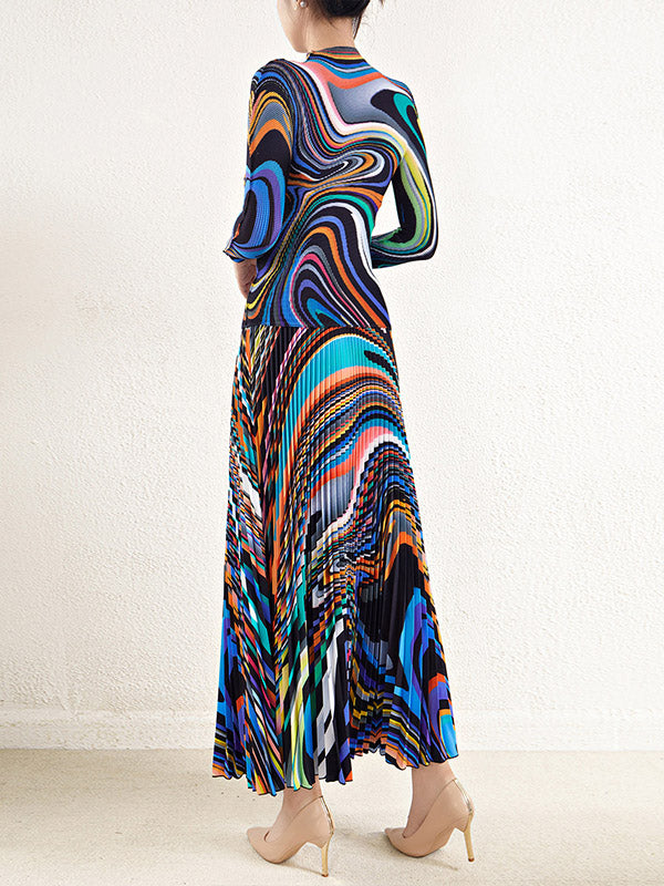 Long Sleeves Contrast Color Pleated Mock Neck T-Shirt Top + Printed A-Line Skirts Bottom Two Pieces Set