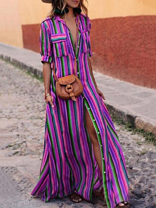 Long Sleeves Loose Split-Joint Striped Lapel Maxi Dresses Shirt Dress
