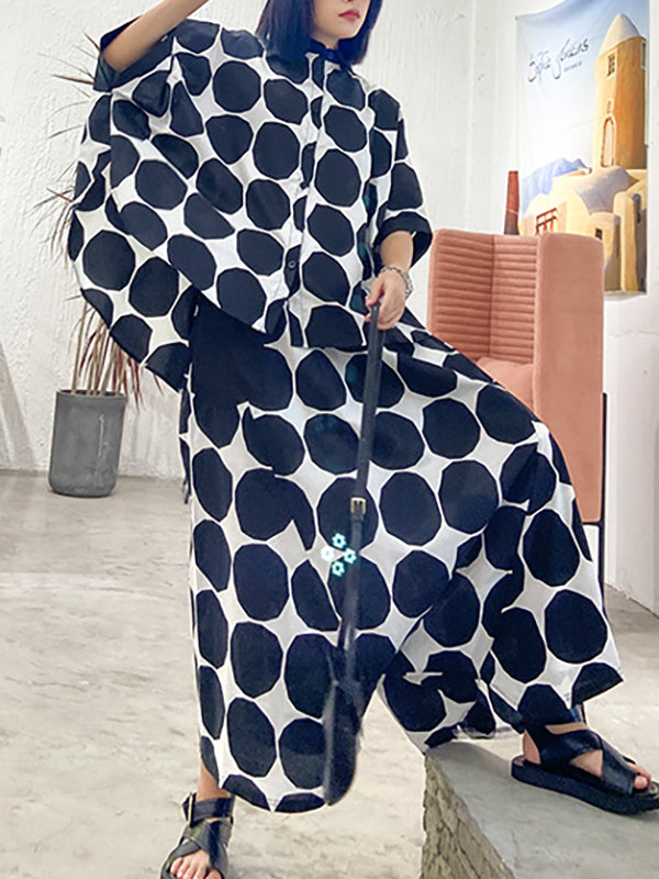 Batwing Sleeves Buttoned Polka-Dot Round-Neck Shirts Top + Elasticity Pockets Harem Pants Pants Bottom Two Pieces Set