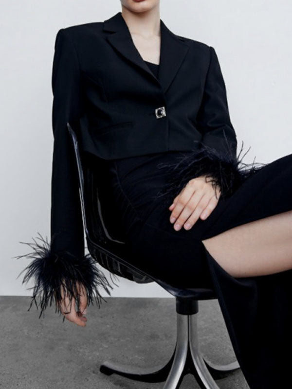 Long Sleeves Buttoned Solid Color Tasseled Notched Collar Blazer Outerwear