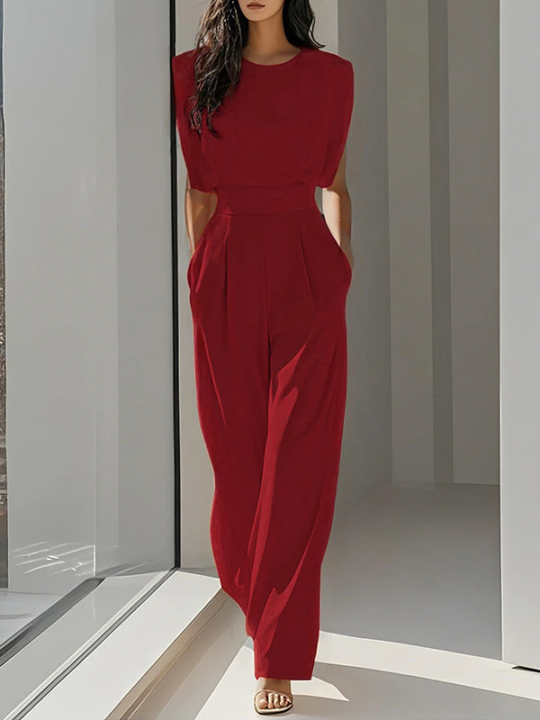 Loose Pleated Solid Color Split-Joint Round-Neck Jumpsuits