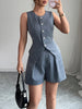 Sleeveless Buttoned Striped V-Neck Vest Top + Pleated Pockets Shorts Bottom Two Pieces Set