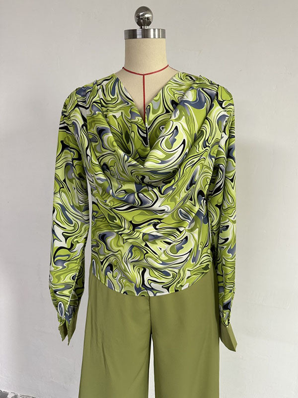 Long Sleeves Printed Heaps Collar Shirts Top + High Waisted Pants Bottom Two Pieces Set