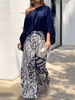 Loose Puff Sleeves Solid Color Off-The-Shoulder Blouses& Printed Pants Two Pieces Set
