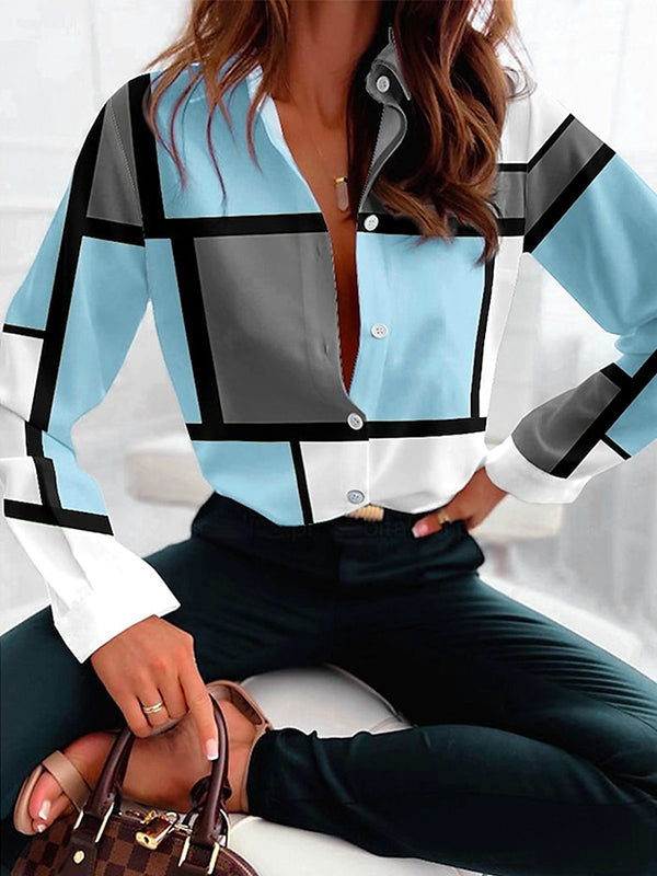 Long Sleeves Loose Buttoned Contrast Color Plaid Lapel Blouses&Shirts Tops