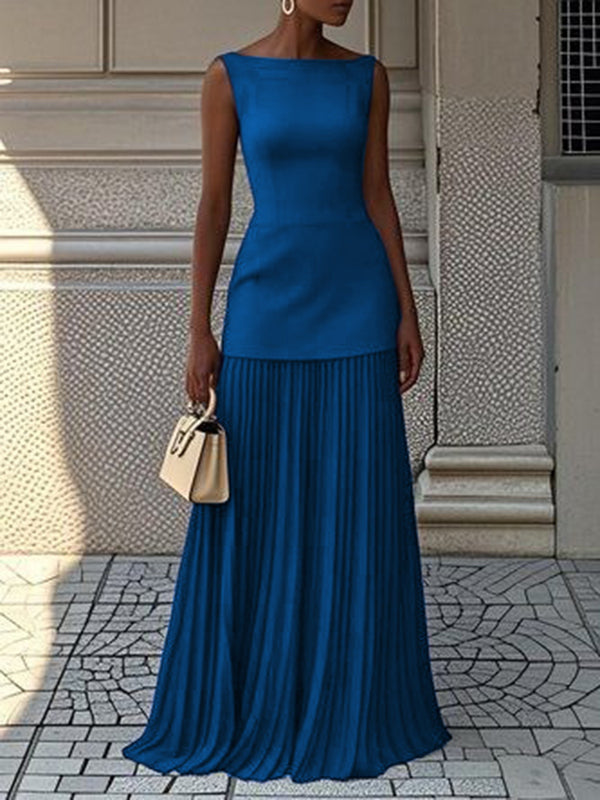 Sleeveless Gauze Pleated Solid Color Split-Joint Boat Neck Evening Dresses Maxi Dresses