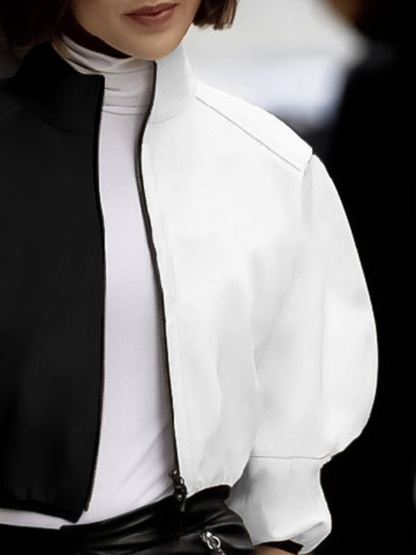Loose Puff Sleeves Contrast Color Split-Joint Stand Collar Outerwear