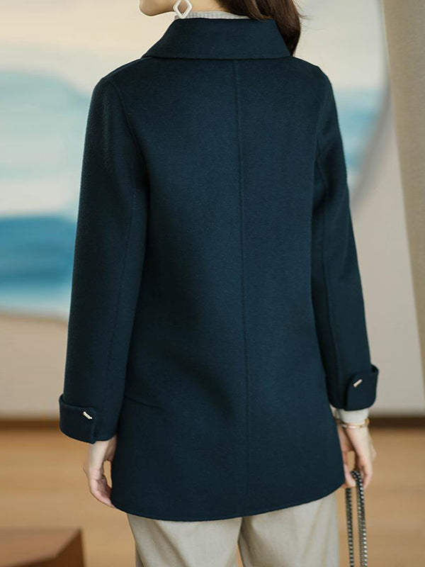 Long Sleeves Loose Buttoned Pockets Solid Color Lapel Woolen Coat