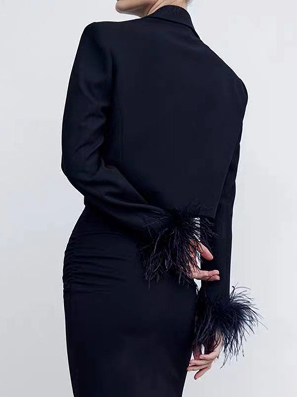 Long Sleeves Buttoned Solid Color Tasseled Notched Collar Blazer Outerwear