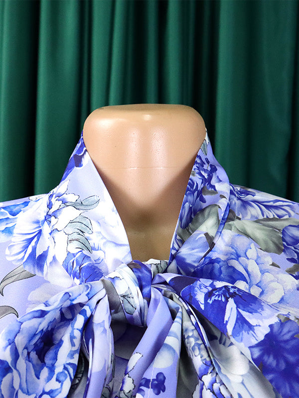 Long Sleeves Floral Printed Blouse + Split-Back Solid Color Skirt Two Pieces Set