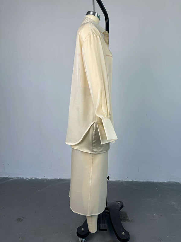 Loose Solid Color See-Through Long Sleeves Lapel Blouse + Skirt Two Pieces Set