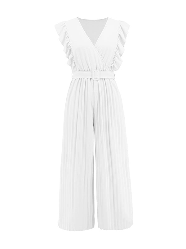 High Waisted Loose Belted Pleated Ruffled Solid Color V-Neck Jumpsuits