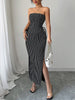 Sleeveless Contrast Color Striped Tube Top + Split-Side Drawstring Bodycon Skirts Bottom Two Pieces Set