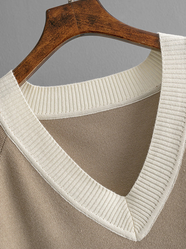 High-Low Contrast Color Split-Side V-Neck Sweater Tops + Elasticity Pants Trousers Two Pieces Set