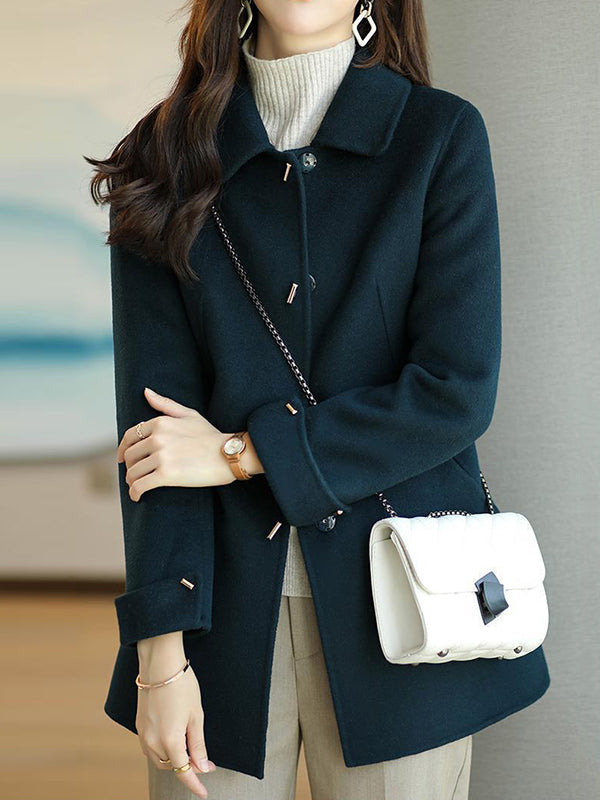 Long Sleeves Loose Buttoned Pockets Solid Color Lapel Woolen Coat