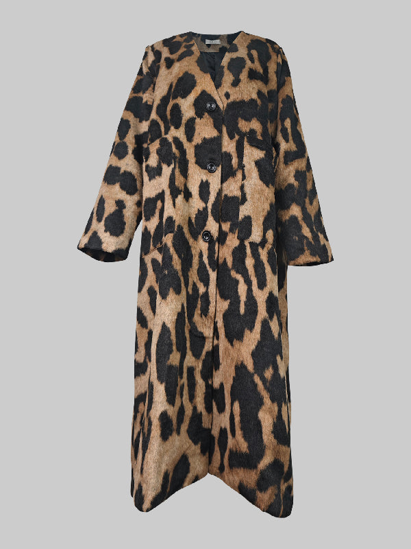 Long Sleeves Loose Buttoned Leopard Pockets Split-Joint V-Neck Outerwear Trench Coats