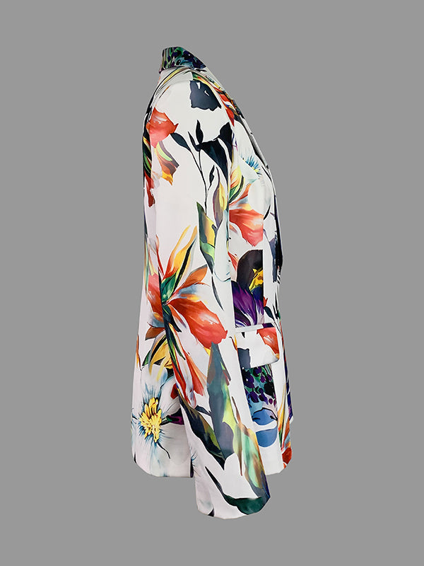 Long Sleeves Floral Printed Split-Joint Lapel Blazer Suit Outerwear