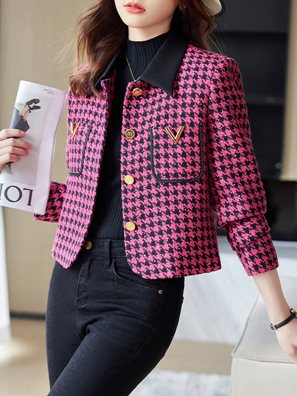 Long Sleeves Plus Size Buttoned Houndstooth Pockets Split-Joint Lapel Outerwear