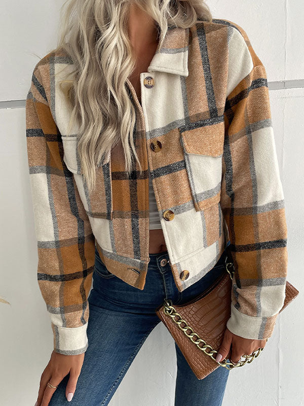 Long Sleeves Loose Buttoned Plaid Pockets Split-Joint Lapel Jackets Outerwear