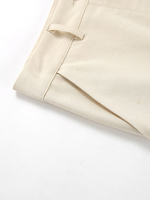 Solid Color Sleeveless Asymmetric Split-Joint  V-Neck Vest Tops +  Straight Leg Pants Suits Two Pieces Set