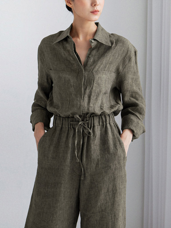 Urban Linen Drawstring Elastic Waisted Wide Leg Long Sleeves Jumpsuits