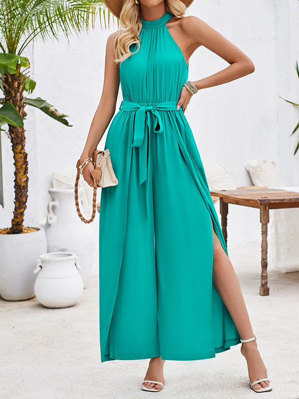 High Waisted Loose Pleated Solid Color Split-Front Tied Waist Halter-Neck Jumpsuits