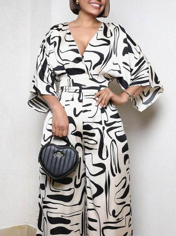 High Waisted Loose Contrast Color V-Neck Jumpsuits