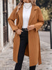 Long Sleeves Loose Buttoned Solid Color Split-Joint Tied Waist Notched Collar Woolen Coat