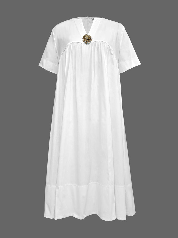 Loose Short Sleeves Solid Color Deep V-Neck Midi Dresses Shirt Dress