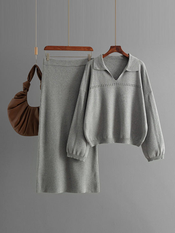 Loose Puff Sleeves Hollow Solid Color Sweater + Elasticity Skirt Two Pieces Set