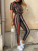 Loose Plus Size Split-Joint Striped Tied Waist Lapel Jumpsuits