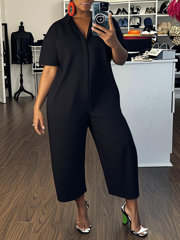 Loose Short Sleeves Buttoned Solid Color Lapel Jumpsuits