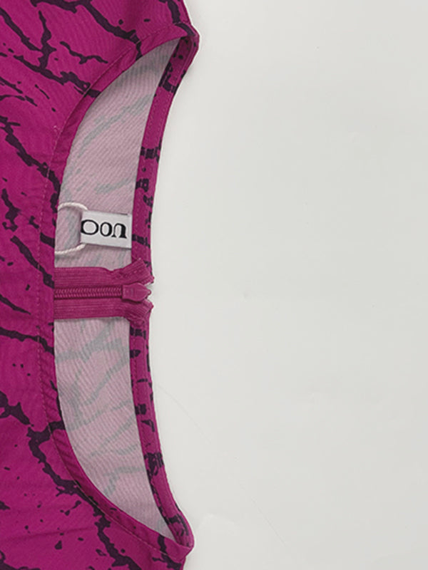 Flared Sleeves Half Sleeves Asymmetric Layered Pleated Printed Ruffle Trim Round-Neck Maxi Dresses