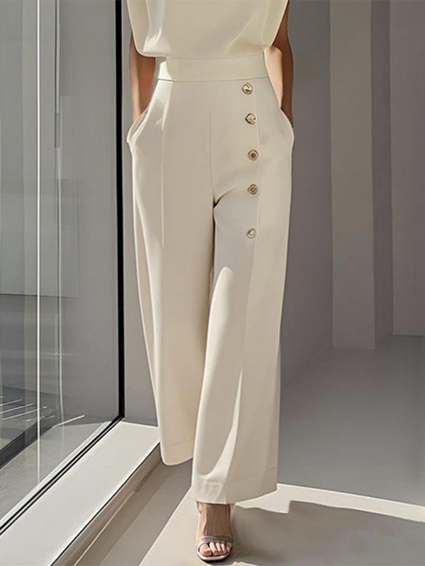 Cap Sleeve Loose Buttoned Solid Color Round-Neck Jumpsuits