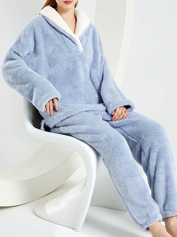 Coral Fleece Split-Joint V-Neck + Pants Pajama Two Pieces Set