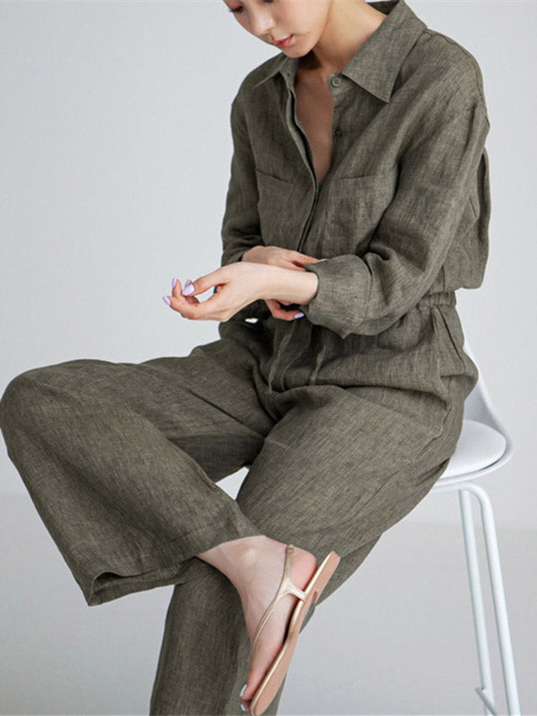 Urban Linen Drawstring Elastic Waisted Wide Leg Long Sleeves Jumpsuits